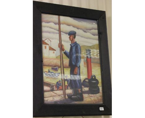 Signed oil painting portrait of a basque fisherman on a quayside