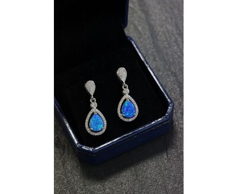 Pair of silver CZ and blue opal drop earrings