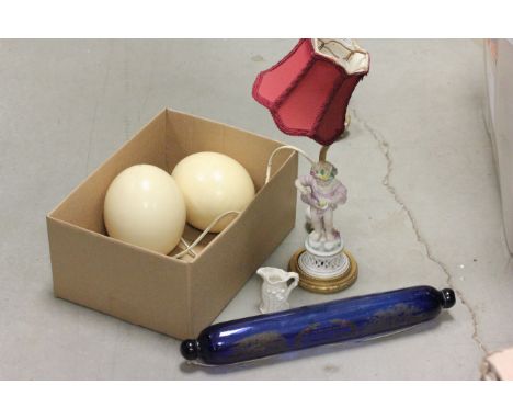 A Bristol blue rolling pin, two Ostrich eggs, plus other items