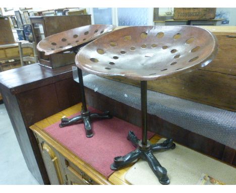 Pair of Tractor Seat Stools on Industrial Cast Iron Bases