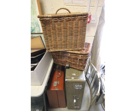 Two Wicker Hamper Baskets and Rev Robe Suitcase and another Suitcase