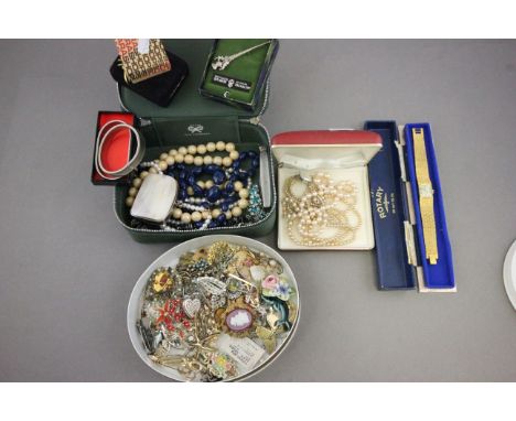 Cased Rotary Ladies wristwatch Incahinc, quantity of brooches, lockets, necklaces etc