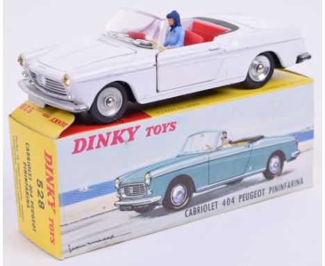 French Dinky 528 Cabriolet 404 Peugeot Pinifarina, white, red interior, female driver, concave hubs and Dunlop tyres, excelle