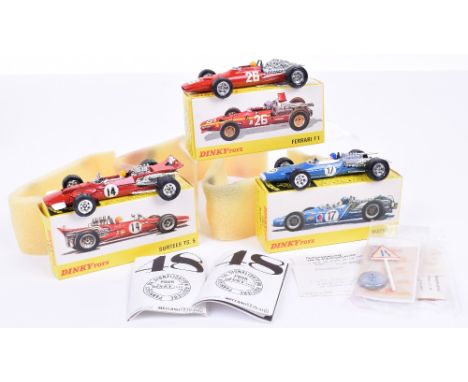 French Dinky three F1 Racing cars, 1417 Matra V12, blue RN17, 1422 Ferrari V12, red RN26, 1433 Surtees TS.5 V8, red RN14, eac