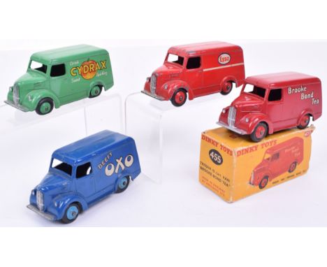 Dinky four Trojan Delivery vans, 455 ‘BROOKE BOND TEA’, red, 453 ‘OXO, blue, 454 ‘CYDRAX’, green, 450 ‘ESSO’, red, fair to go