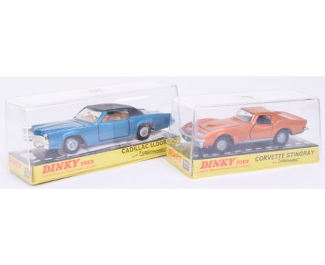 Dinky two American cars, 175 Cadillac Eldorado metallic blue, black roof, yellow interior, cast hubs, leaflet, 221 Corvette S
