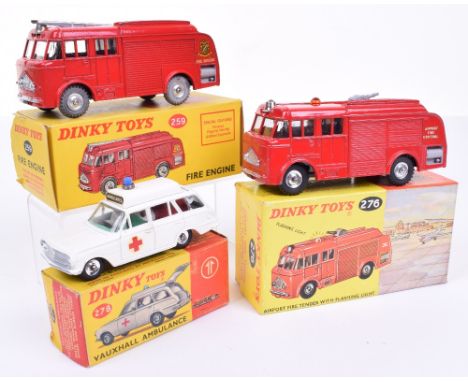 Dinky Fire engines and Vauxhall Ambulance, 259 Fire engine with ladder, bell, spun hubs, mint condition, in yellow picture bo