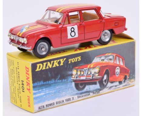 French Dinky 1401 Alfa-Romeo Guilia 1600TI Rallye, red body with yellow stripe, RN8, jewelled lights, concave hubs, Dunlop ty