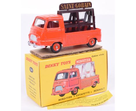 French Dinky 564 Renault Mirror truck, red-orange body, painted concave hubs, ‘SAINT-GOBAIN / MITROITIER’ sign to top of fram