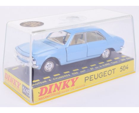 French Dinky 1415 Peugeot 405, pale blue body, concave hubs, excellent to mint condition, in rigid plastic ‘see-through’ case
