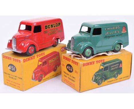 Dinky two Trojan vans ‘DUNLOP TYRES’ and ‘CHIVERS JELLIES’, 451 Dunlop van red with red hubs, excellent to mint, 452 Chivers 