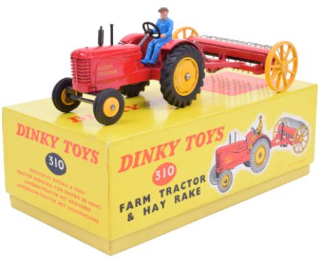 Dinky 310 Farm Tractor and Hay rake, 300 Massey Ferguson red body, yellow cast rear hubs, plastic front hubs, blue plastic dr
