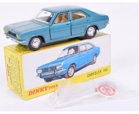 French Dinky 1409 Chrysler 180, metallic blue, shaped hubs, Dunlop tyres, excellent to mint condition, in yellow box with det