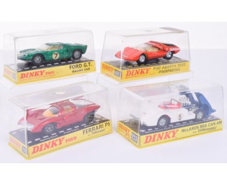 Dinky four Racing/Sports cars, 215 Ford G.T racing car metallic green RN7, spoked wheels, 220 Ferrari P5 metallic red, cast w