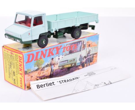 French Dinky 569 Berliet Stradair side tipper, turquoise cab and tipper, dark green chassis and concave hubs, mint condition,