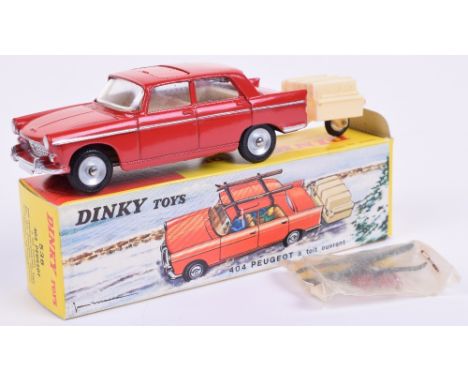 French Dinky scarce 536 Peugeot 404 and trailer, red body, opening roof, concave hubs, Dunlop tyres, with cream plastic trail