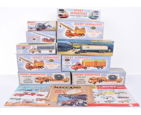 French Dinky boxes and lids, 36b Willeme Tractor and trailer, 2x989 Berliet Transformer lorry, 972 Camion Grue Coles crane, 8