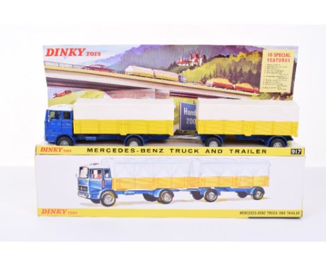 Dinky 917 Mercedes-Benz truck and trailer, blue cab and chassis, white roof and yellow trailers with white tilts, cast hubs, 