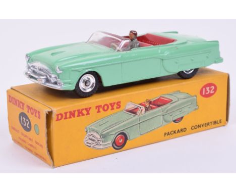 Dinky 132 Packard Convertible with spun hubs, light green, red interior, grey driver, mint condition, in yellow picture box w