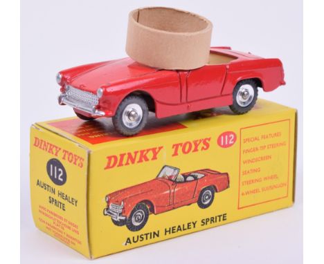 Dinky 112 Austin Healey Sprite, red body, cream interior, spun hubs and treaded tyres, mint condition, in yellow and red pict