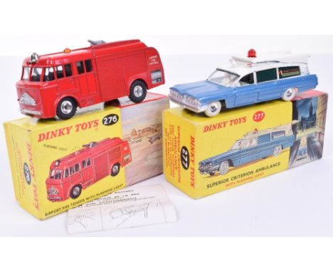 Dinky 276 Airport Fire tender and 277 Superior Criterion Ambulance, Fire tender with red body, ‘AIRPORT FIRE CONTROL’ decals,
