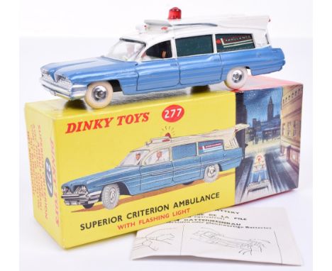 Dinky 277 Superior Criterion Ambulance, metallic blue, white roof, spun hubs and white tyres, working light, driver and passe