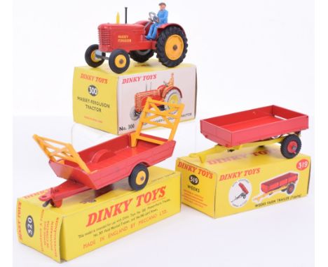 Dinky 300 Massey-Ferguson tractor, red body, yellow cast rear hubs, plastic front hubs, blue plastic driver, excellent condit