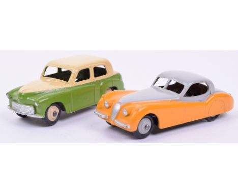 Dinky two-tone Hillman Minx and Jaguar XK120, 154 Hillman Minx, mid green lower body, cream upper body, beige ridged hubs, 15