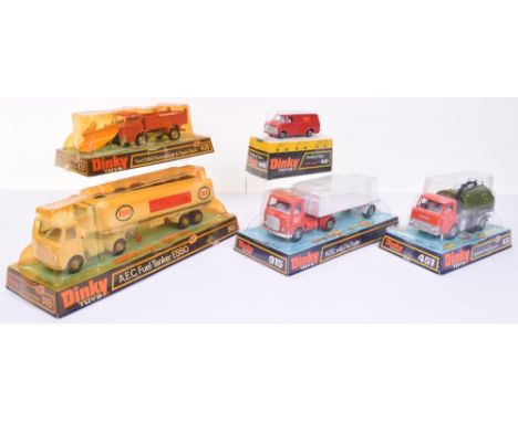 Dinky four Bubble pack Commercials, 451 Johnston Road Sweeper, orange cab, metallic green back, 915 A.E.C with flat trailer, 