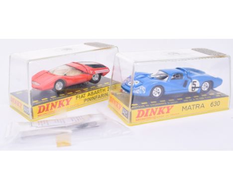 French Dinky Racing/Sports cars, 1425 Matra 630 blue body, RN5, lacks road sign, 1430 Fiat Abarth 2000 Pininfarina, orange, w