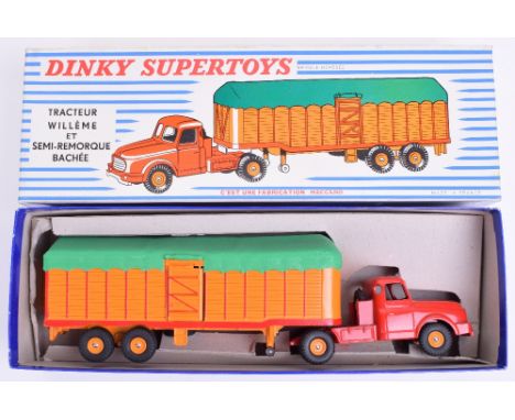 French Dinky Supertoy 896 Willeme tractor and covered trailer, red cab, orange/red trailer and green tilt, orange concave hub