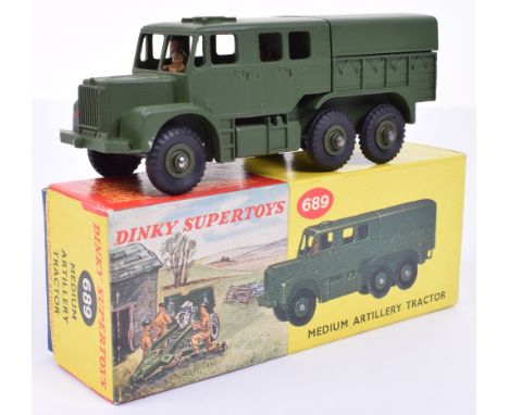 Dinky Supertoys 689 Medium Artillery tractor in detailed picture box, military green with driver, excellent to mint condition