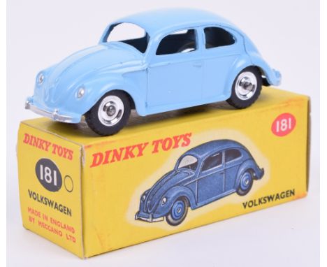 Dinky 181 Volkswagen Saloon, light blue body, spun hubs, matt base, mint condition, in yellow picture box with retailers pric