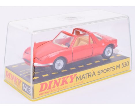 French Dinky 1403 Matra Sports M502, orange body, concave hubs, roof to boot, excellent to mint condition, in rigid plastic ‘