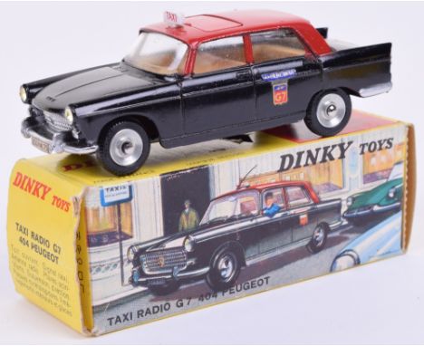 French Dinky 1400 Peugeot G7 404 Taxi, black body, black top with sunroof and Taxi sign, Ampere 28.30 and G7 transfers to doo