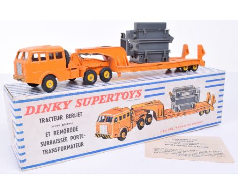 French Dinky Supertoy 898 Berliet Transformer carrier, orange truck and trailer, yellow concave hubs, grey transformer with a