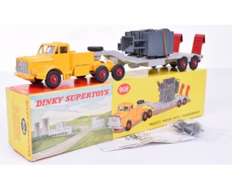 Dinky Supertoys 908 Mighty Antar with Transformer, yellow tractor unit, grey trailer, red hubs and ramps, transformer contain