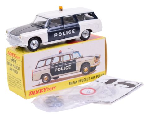French Dinky 1429 Peugoet 404 ‘POLICE’ car, blue/white body, concave hubs, Dunlop tyres, fold down rear seats, mint condition