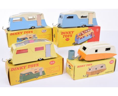 Dinky four Caravans, two 117 four-Berth caravans with transparent roofs, one yellow other blue/cream, 188 four-Beth caravan b