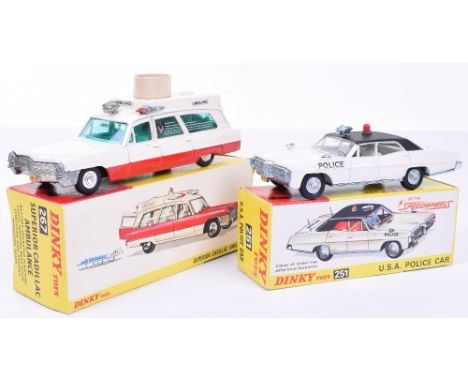 Dinky American Police car and Ambulance, 251 Pontiac Parisienne, white body, textured black roof, aerials, siren, rooflight a