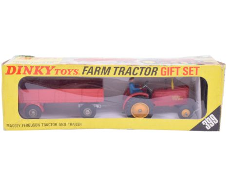 Dinky 399 Farm Tractor and Trailer gift set, 300 Massey-Ferguson tractor, red, yellow cast rear hubs, plastic front hubs, blu