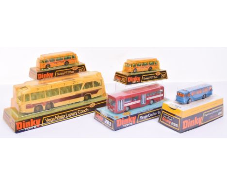 Dinky five buses/coaches in Bubble packs, 952 Vega Major Luxury coach, white body, mid-blue interior, maroon flash, mint cond