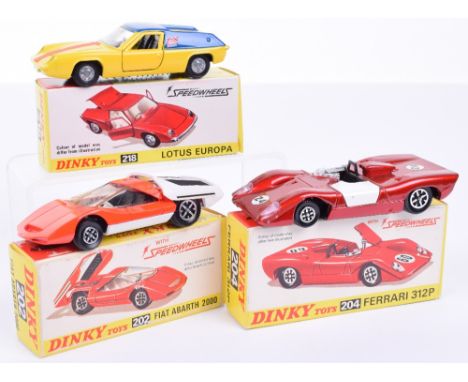 Dinky three Speedwheels Sports cars, 202 Fiat Abarth 2000, orange/white, 204 Ferrari 312P, metallic red, white doors, RN24, 2