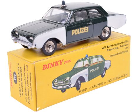 French Dinky rare 551 Ford Taunus 17M ‘POLIZEI’ Police car, green/white car with POLIZEI transfers to doors and boot, blue li