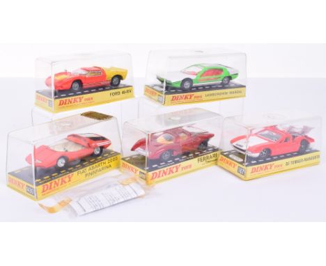 Dinky five Racing/Sports cars, 132 Ford 40-RV orange/yellow, spoked wheels, 187 De Tomaso-Mangusta orange/white, RN7, cast hu