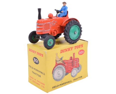 Dinky 301 Field-Marshall Tractor with plastic hubs, orange body, cast green rear hubs, plastic front hubs and blue plastic dr