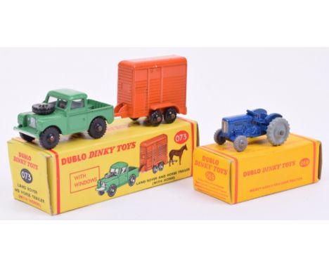 Dinky Dublo Tractor and Land Rover with Horse trailer, 069 Massey Harris tractor, blue, grey knobbly wheels, in plain yellow 