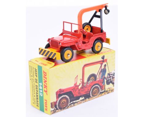 French Dinky 1412 Hotchkiss Willys Recovery Jeep, red/yellow, yellow concave hubs, orange plastic jib, light and hook, excell