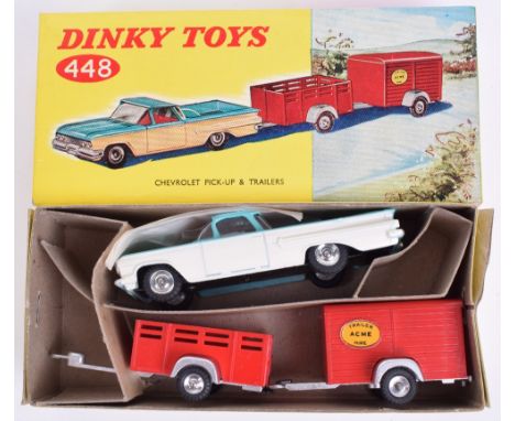 Dinky 448 Chevrolet Pick-up & Trailers, turquoise and ivory body, red interior and spun hubs, red open trailer and box traile