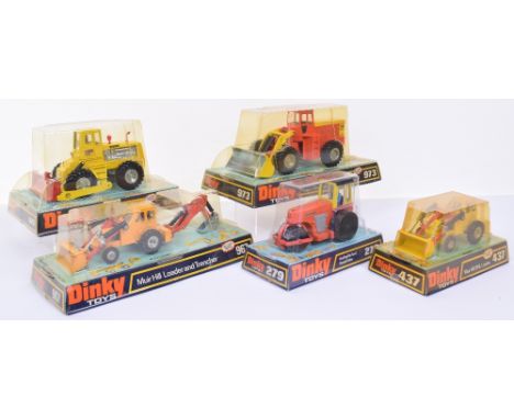 Dinky five Construction vehicles in Bubble packs, 279 Aveling-Barford diesel roller, orange, yellow and black, 437 Muir Hill 